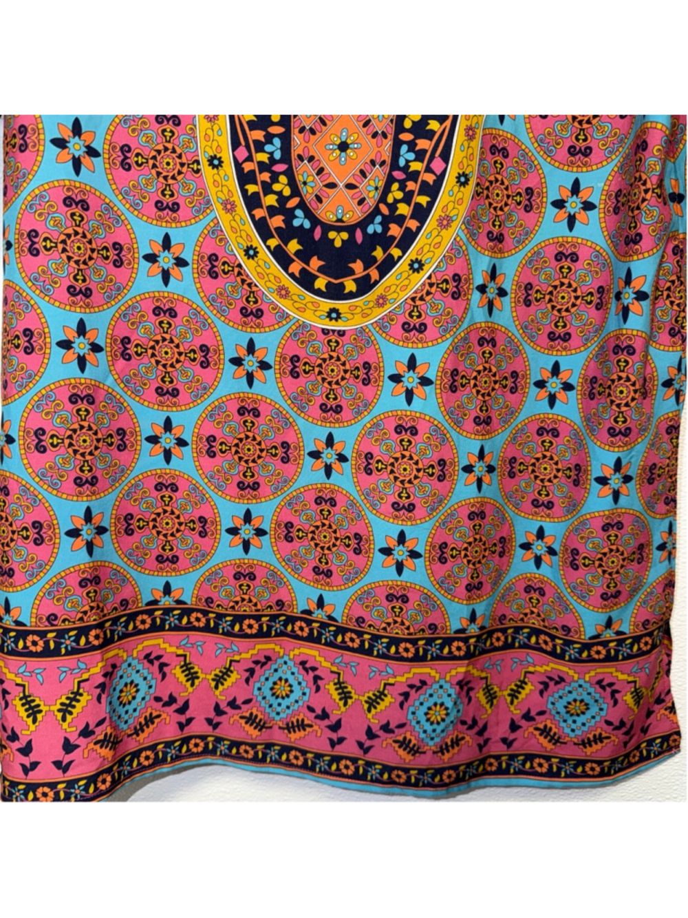 Women's Bohemian Neck Tie Urban Coco Mini Dress L Blue Pink Boho Print New NWT - Picture 8 of 14